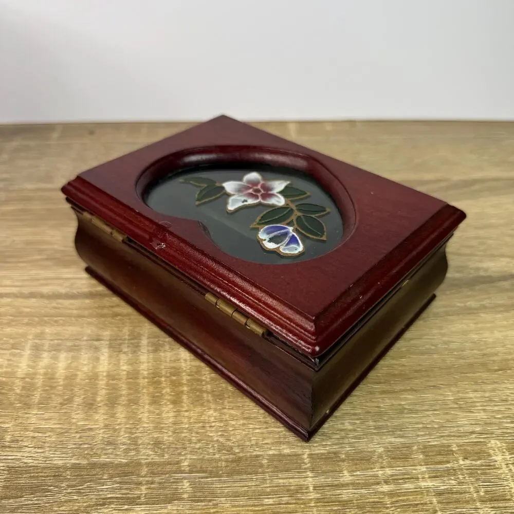 Vintage Cherry Wood Ornate Trinket Box Storage Display Floral